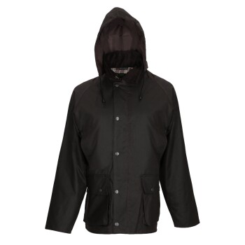 Schwarze, kapuzenwasserdichte Jacke mit vorderen Druckknöpfen und zwei Klappentaschen, für den Außeneinsatz konzipiert.