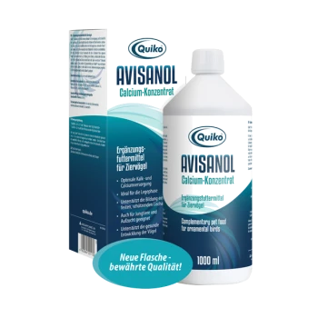 Quiko Avisanol Calciumkonzentrat für Zierfische, 1000 ml Flasche, mit Text, der die optimale Calciumversorgung und Vorteile für die Zucht hervorhebt.
