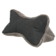 Ein plüschiger, hundeknochenförmiger Kissen mit einem dunkelgrauen Stoffzentrum und weichen, beigen Fleecekanten, ideal für den Komfort von Haustieren.