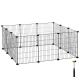 Schwarzer Metall-Tier-Spielbereich mit mehreren Paneelen und einem Gummihammer zur Montage, vor einem weißen Hintergrund.