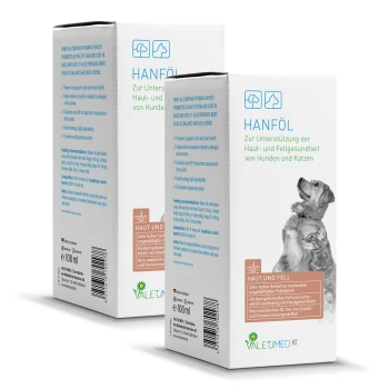 Hanföl für Hunde und Katzen, das die Haut- und Fellgesundheit fördert. Auf der Verpackung sind ein Golden Retriever und eine Katze abgebildet. 100 ml.