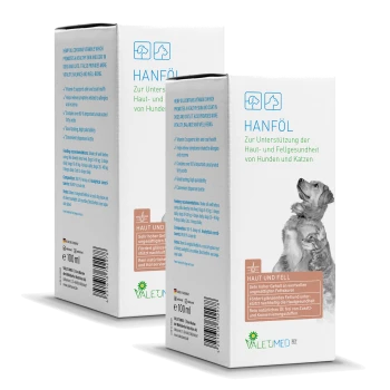 Hanföl für Hunde und Katzen, das die Haut- und Fellgesundheit fördert. Auf der Verpackung sind ein Golden Retriever und eine Katze abgebildet. 100 ml.