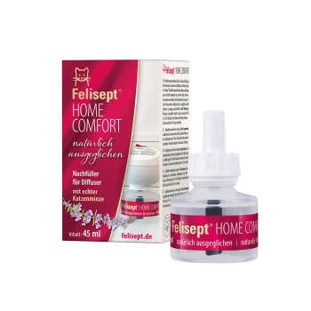 Butelka uzupełniająca i pudełko dyfuzora Felisept HOME COMFORT, 45 ml, z napisem 'natürlich ausgeglichen', z kocimiętką, logo kota, felisept.de.