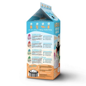 Eine bunte Haustierfutterbox mit der Aufschrift "Very Nice Mix-Box", die 20 Päckchen Leckerlis mit den Geschmacksrichtungen: Huhn, Truthahn, Thunfisch und Leberwurst enthält.