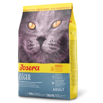 Eine gelbe Tüte Josera Léger Katzenfutter mit dem Gesicht einer Katze, die "Gewichtskontrolle" und "90% tierisches Protein" hervorhebt.