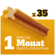 Hundezahnpflege-Kauknochen auf einem hellgelben Hintergrund, mit dem Text "1 Mehr als Monat tägliche Zahnpflege x 35".