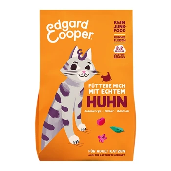 Katzenfutterverpackung mit einer verspielten Katzenillustration auf orangefarbenem Hintergrund, mit den Aufschriften "Edgard Cooper" und "Für Adult Katzen."