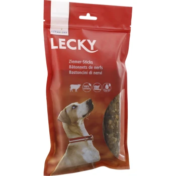 Emballage rouge de LECKY Ziemer-Sticks pour chiens, présentant une image de profil d'un chien et un texte indiquant "100% naturel" et "faible en gras."