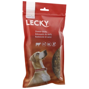 Rote Verpackung von LECKY Ziemer-Sticks für Hunde, mit einem Profilbild eines Hundes und Text, der "100% natürlich" und "fettarm" angibt.
