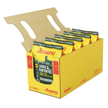 Gelbe Box mit fünf 900g Tüten von Josera "Lachs & Kartoffel" Haustierfutter, mit einem Hundesilhouette und "Getreidefrei"-Label.