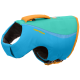 Eine farbenfrohe blaue und grüne Hundeschwimmweste mit einem orangefarbenen Griff, mit dem Markennamen "RUFFWEAR" deutlich sichtbar.
