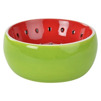 Bol de nourriture pour animaux vibrant conçu pour ressembler à une pastèque, avec un extérieur vert et un intérieur rouge avec des points noirs ressemblant à des graines.