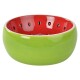 Bol de nourriture pour animaux vibrant conçu pour ressembler à une pastèque, avec un extérieur vert et un intérieur rouge avec des points noirs ressemblant à des graines.