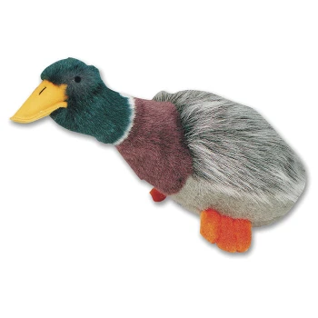 Gestopftes Plüschspielzeug-Ente mit einem bunten Kopf, orangefarbenen Füßen und weichem Fell, entworfen für das Spielen von Haustieren.