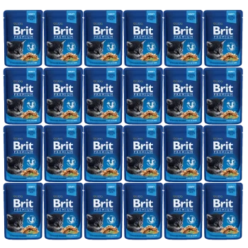 Mehrere Beutel Brit Premium Katzenfutter für Kätzchen, mit einem blauen Design und einem Kätzchenbild sowie dem Text "Hühnchenstücke in Soße."