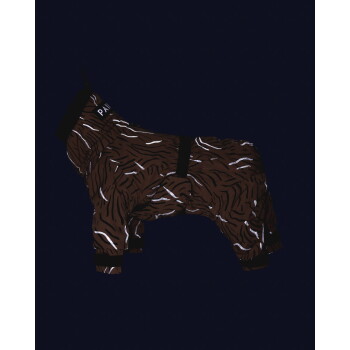 Brauner, tigergestreifter reflektierender Hundeganzanzug mit schwarzen Rippbündchen und "PAW"-Label