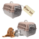 Zwei beige Plastik-Tierträger mit durchsichtigem Vordertürchen, mit der Beschriftung '2er Set', abgebildet mit einem braunen Hund und einer grau getigerten Katze.