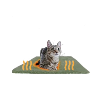 Eine graue getigerte Katze liegt auf einer grünen beheizten Tiermatte, mit sichtbaren orangefarbenen Wärmeindikatoren um sie herum.