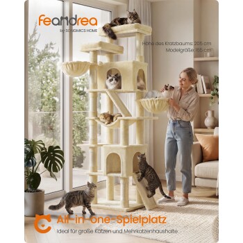 Beiger Kratzbaum mit mehreren Katzen und einer Frau; sichtbarer Text: 'feandrea by SONGMICS HOME' und 'All-in-one-Spielplatz'.