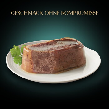 Nassfutterpastete in Gelee auf einem weißen Teller mit Petersilie; türkisfarbener Hintergrund und Text 'GESCHMACK OHNE KOMPROMISSE'.