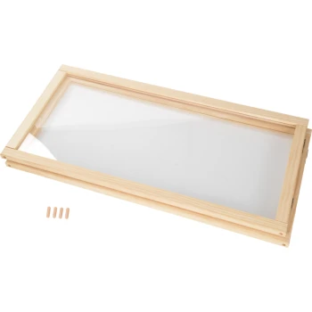 Holzdeckel für Haustiergehege mit einer klaren Platte, begleitet von vier Holzstiften zur Montage.