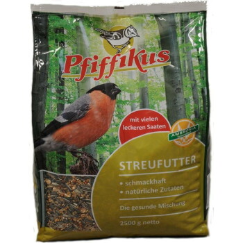 Pfiffikus Streufutter-Tüte, 2500 g, mit Dompfaffbild; Text: 'mit vielen leckeren Saaten'.