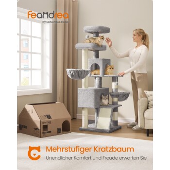 Grauer mehrstufiger Kratzbaum mit drei Katzen und einer Frau, Text 'feandrea by SONGMICS HOME' und 'Mehrstufiger Kratzbaum'.