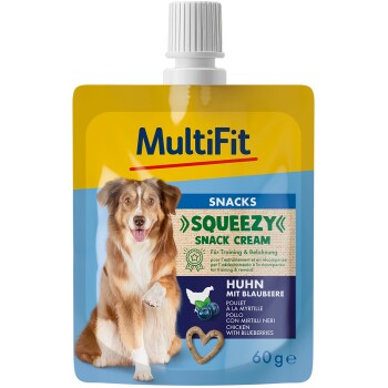 MultiFit Squeezy Snack Cream for dogs, featuring a dog on the packaging, with flavors of chicken and blueberries, 60g.