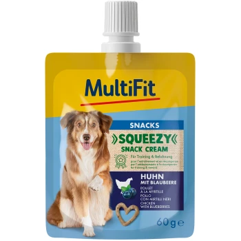 MultiFit Squeezy Snack Cream for dogs, featuring a dog on the packaging, with flavors of chicken and blueberries, 60g.