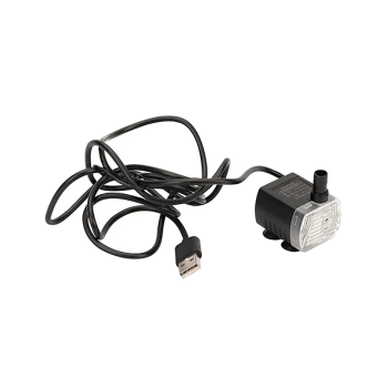 USB-betriebene Wasserpumpe mit einem schwarzen Kabel, mit einem kleinen Motor und einem klaren Gehäuse, ideal für Haustier-Wasserbrunnen.