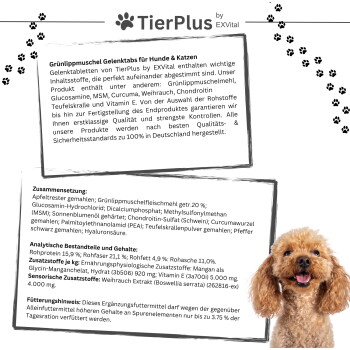 Grünlippmuschel Gelenktabs für Hunde & Katzen von TierPlus by EXVital, mit Inhaltsstoffen wie Glucosamin, MSM und Vitamin E.