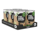 Tablett mit acht Dosen Tierfutter, beschriftet 'THE GOOD STUFF', grüne Hühner-Ikone und 'SUPERPREMIUM PETFOOD' auf dem Tablett.