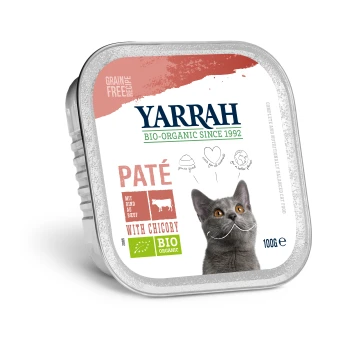 Biologische Paté 16x100g Yarrah biologische kattenvoer paté met cichorei, met een grijze kat op de verpakking, gelabeld 'graanvrij' en 'bio-organisch.'