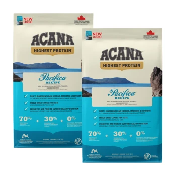 ACANA Pacifica Recipe pet food bags, featuring "Highest Protein" label, highlighting ingredients: raw herring, mackerel, and flounder.