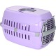 Paarse dierenvervoerder met een grijze handgreep en ventilatiegaten, ontworpen voor het vervoeren van kleine dieren.