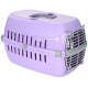Purple pet carrier with a gray handle and ventilation holes, designed for transporting small animals.