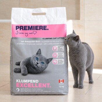 Graue Katze neben einem großen Sack PREMIERE Klumpstreu mit der Aufschrift 'KLUMPEND EXCELLENT 12 kg'. – KI-generiert