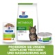 Hill's Prescription Diet Metabolic Haustierfutter für Katzen, mit einer getigerten Katze und Verpackungen für Trocken-, Nass- und Beutelfutter zur Förderung des Gewichtsverlusts.