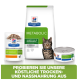 Hill's Prescription Diet Metabolic Haustierfutter für Katzen, mit einer getigerten Katze und Verpackungen für Trocken-, Nass- und Beutelfutter zur Förderung des Gewichtsverlusts.