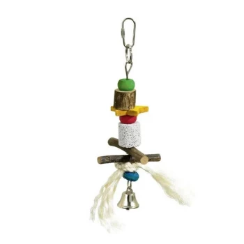 Buntes Vogelspielzeug mit Holzblöcken, Perlen und einer Glocke, entworfen für die Unterhaltung und Stimulation von Haustieren.