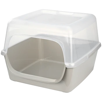 Eine beige Katzenstreu-Box mit einem transparenten Deckel und einem offenen Front-Eingang, entworfen für einfachen Zugang und Sauberkeit.