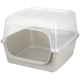 Eine beige Katzenstreu-Box mit einem transparenten Deckel und einem offenen Front-Eingang, entworfen für einfachen Zugang und Sauberkeit.