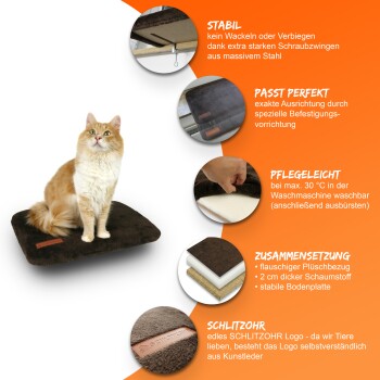 Eine flauschige orange Katze ruht auf einem dunkelbraunen Haustierbett mit Text, der die Eigenschaften hervorhebt: "Stabil", "Passt perfekt", "Pflegeleicht" und mehr.