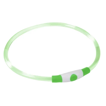 Un collier pour animaux de compagnie lumineux de couleur verte avec un bouton d'alimentation blanc et vert, conçu pour la visibilité lors des promenades nocturnes.