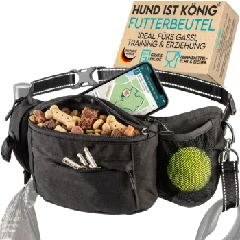Schwarze Bauchtasche für Hundespaziergänge, gefüllt mit Hundeleckerlis, Schlüsseln und einem Tennisball, beschriftet mit "HUND IST KÖNIG."