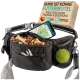 Schwarze Bauchtasche für Hundespaziergänge, gefüllt mit Hundeleckerlis, Schlüsseln und einem Tennisball, beschriftet mit "HUND IST KÖNIG."