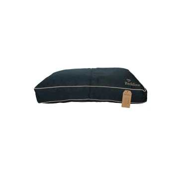 Rectangular dark blue pet bed cushion with beige piping, embroidered Beddies logo and hanging brown Beddies tag.