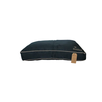 Rectangular dark blue pet bed cushion with beige piping, embroidered Beddies logo and hanging brown Beddies tag.