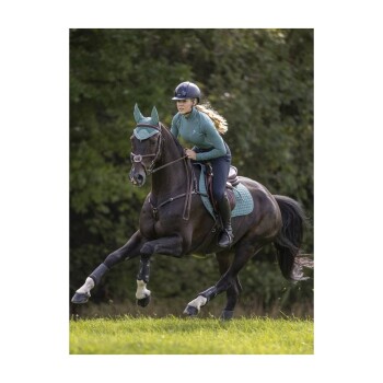 Ein Reiter in einem türkisfarbenen Outfit und Helm galoppiert auf einem dunklen Pferd, das passende türkisfarbene Satteldecken trägt, vor einem grünen Hintergrund.