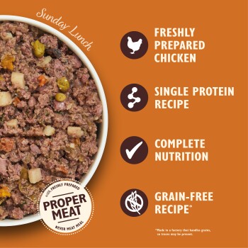 Bowl of grain-free, freshly prepared chicken pet food with text highlighting single protein, complete nutrition, and proper meat.